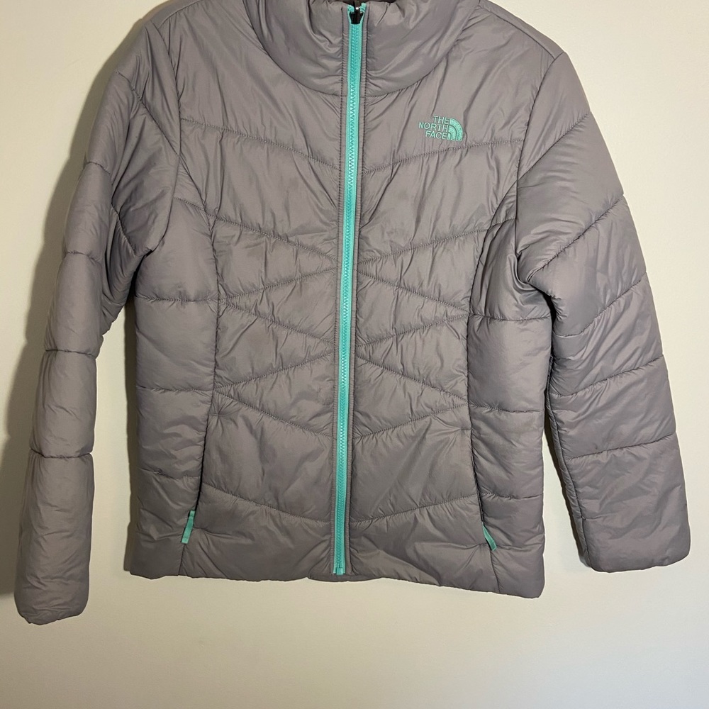 Teal and gray kids North face puffer